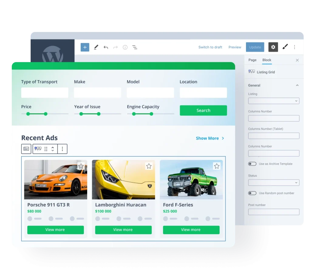 CarDealer (Gutenberg) sablon bemutatóképe
